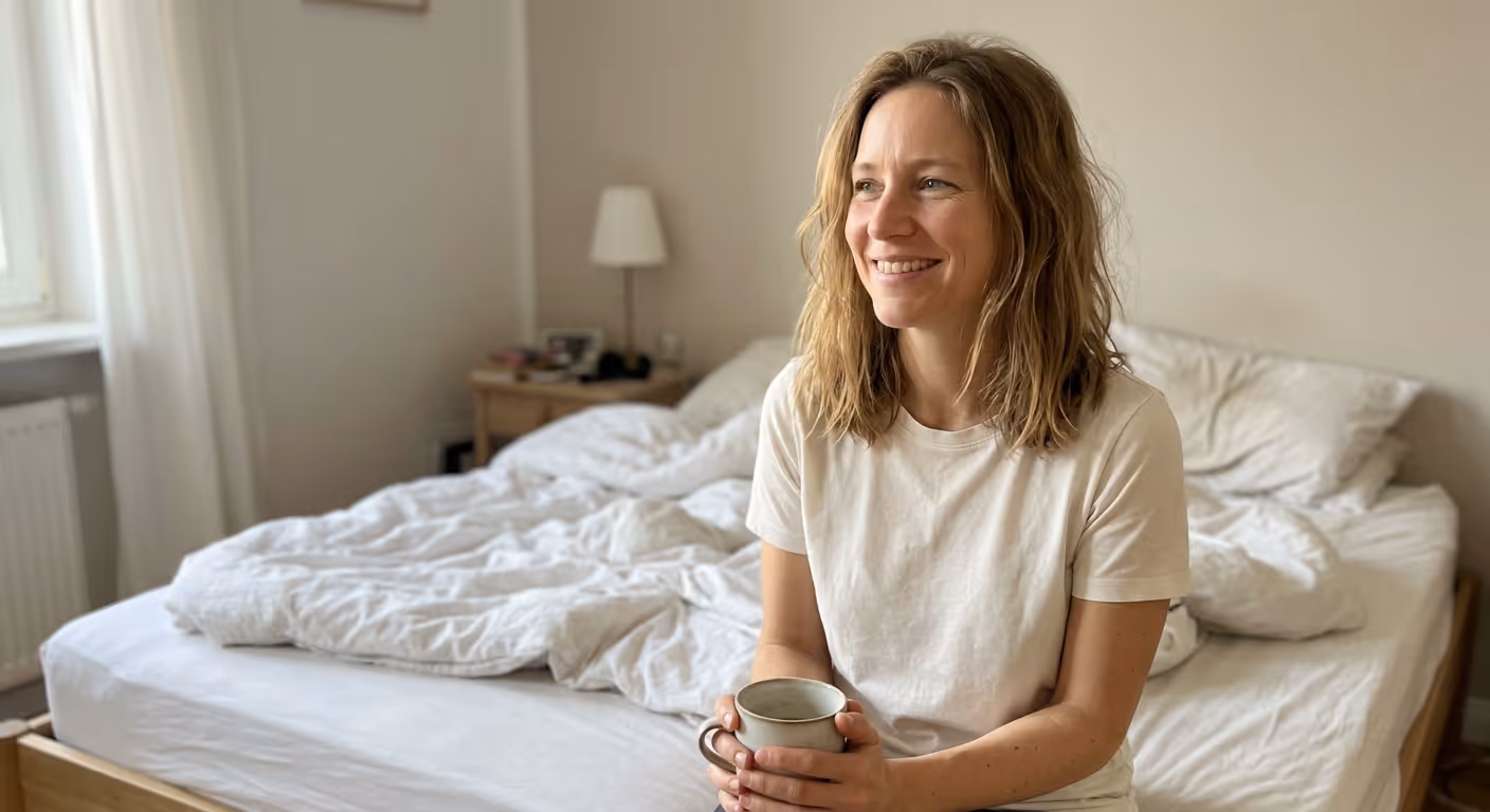 Ausgeruhte Frau, strahlend, mit Kaffee im hellen Raum