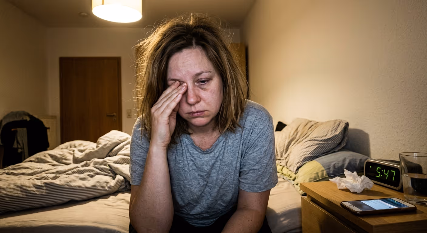 Erschöpfte Frau, 5:47 Uhr morgens, reibt sich die Augen