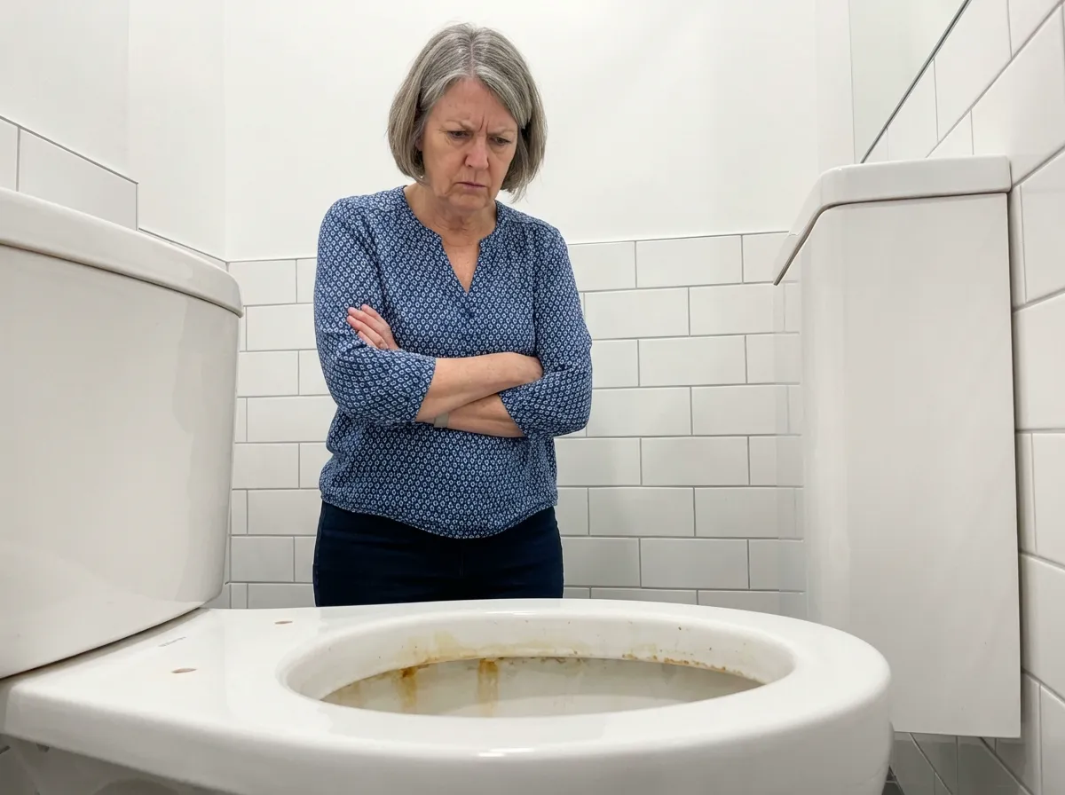 Schwiegermutter schaut missbilligend auf die Toilette