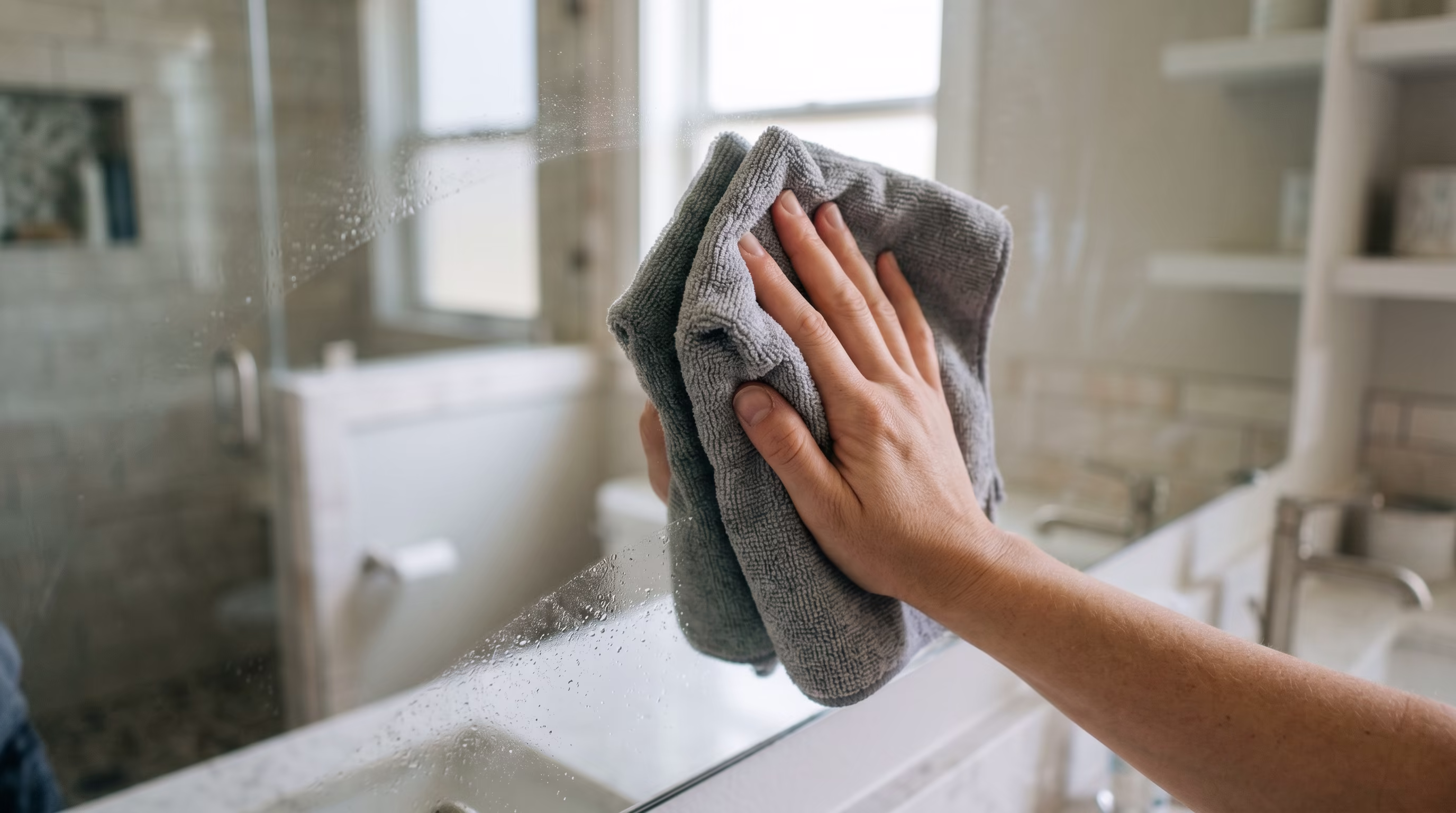 Hand wischt Badezimmerspiegel streifenfrei in einem Zug mit XL-Mikrofasertuch