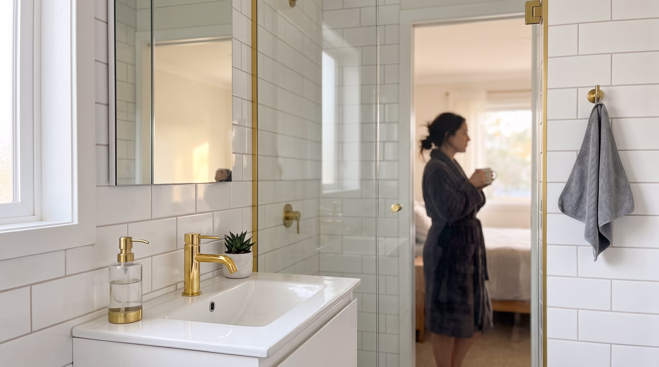 Glänzendes, aufgeräumtes Badezimmer am Samstagmorgen, Frau mit Kaffee im Hintergrund