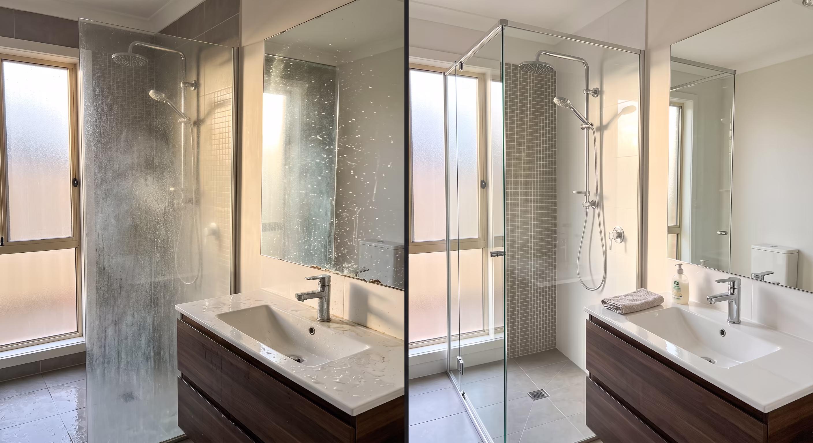 Vorher-Nachher-Vergleich komplettes Hotelbad: links mit Kalkschleier und Wasserflecken, rechts kristallklar und glänzend
