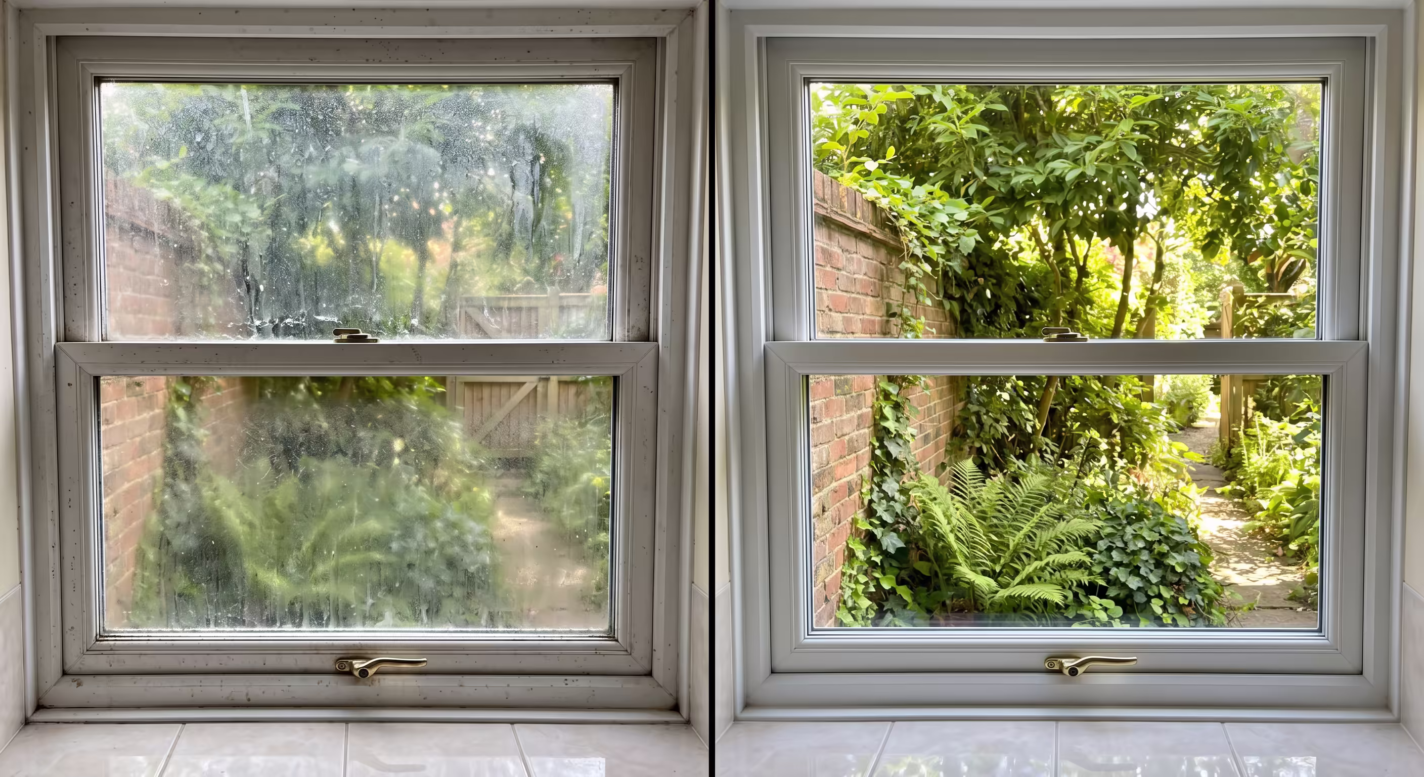 Fenster vorher/nachher: links Wasserflecken, rechts kristallklar