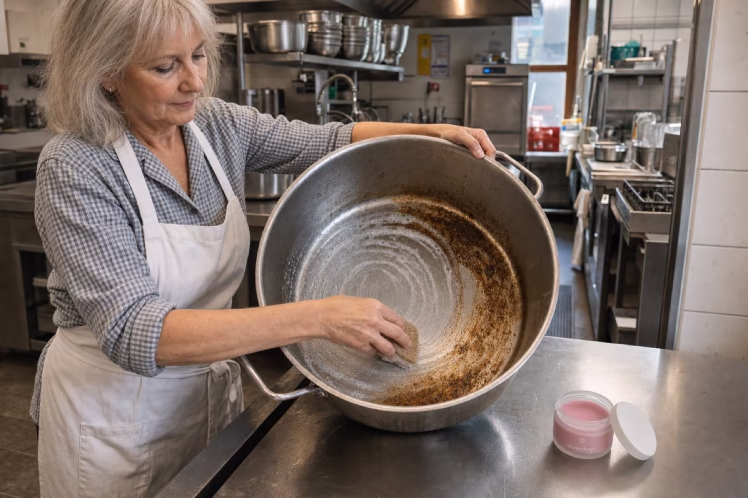 Helga in der Wirtshaus-Küche mit einem großen Topf
