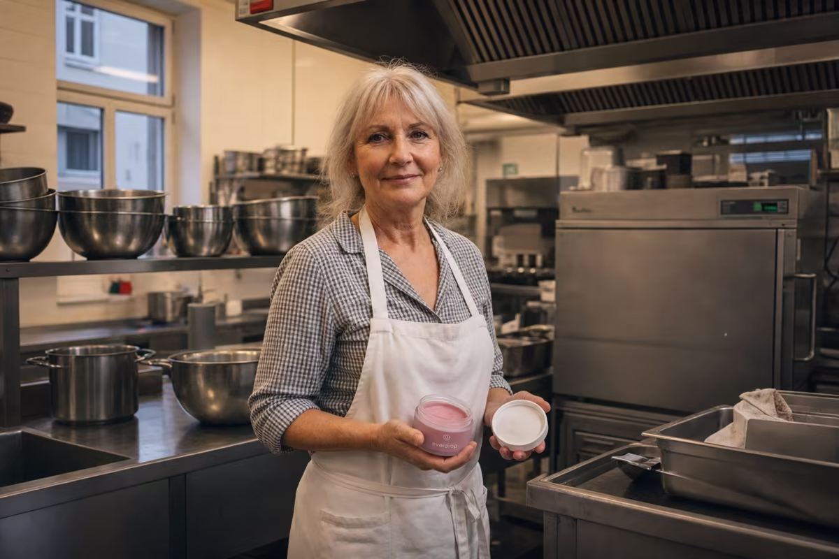 Helga, ~58, Köchin in einer Wirtshaus-Großküche, hält das pinke Glas mit der Putzsteinpaste in der Hand
