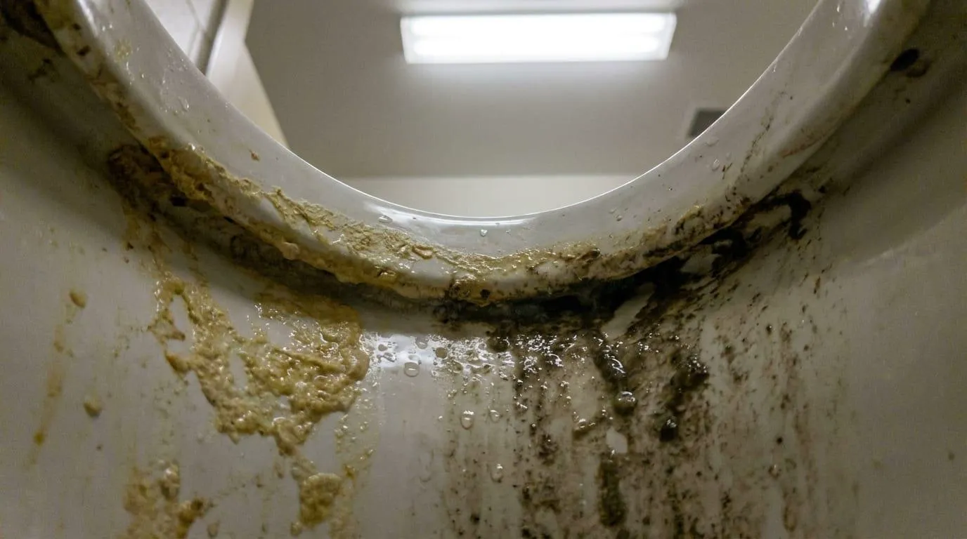 Nahaufnahme: Biofilm und Kalkablagerungen unter dem Toilettenrand