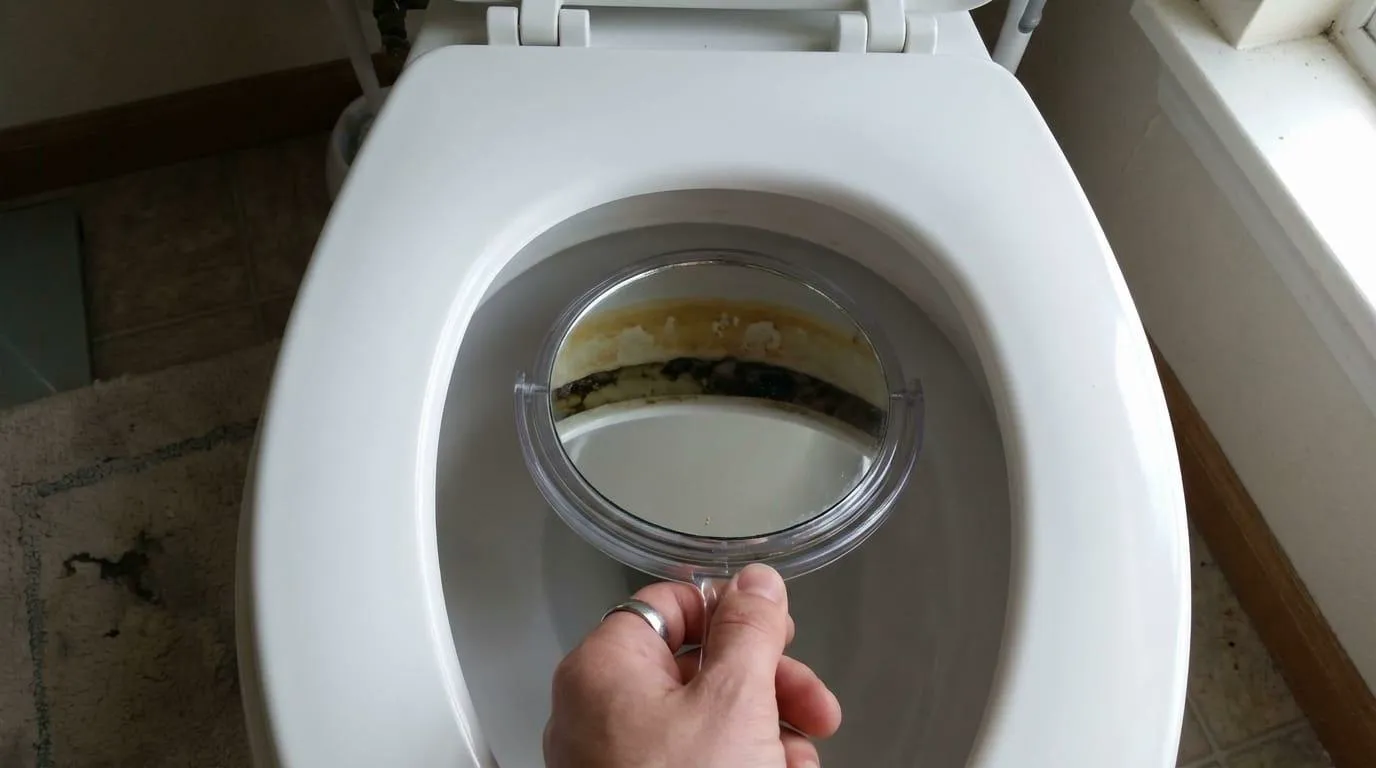 Spiegel zeigt Ablagerungen unter dem Toilettenrand