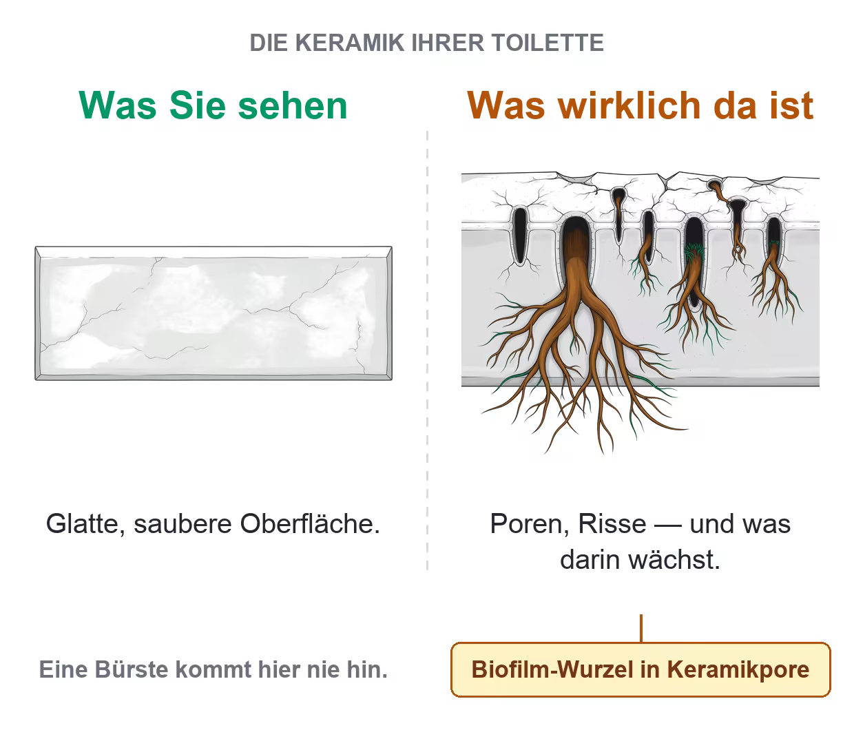 Infografik: glatte Keramik im Vergleich zu Keramikporen mit Biofilm-Wurzeln