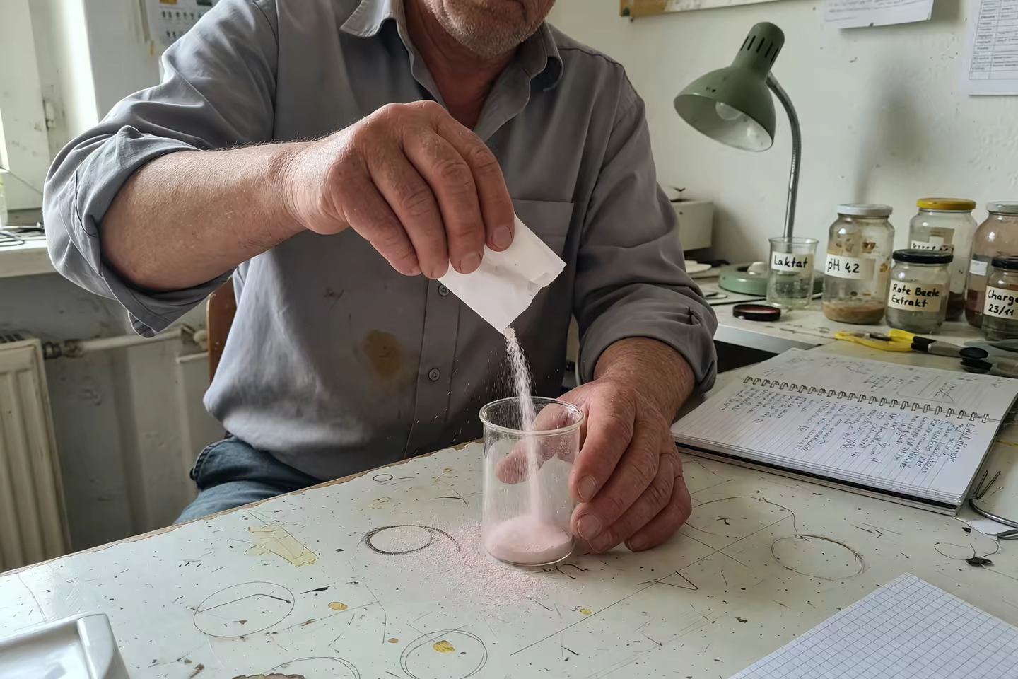 Hände geben pulverförmigen Reiniger aus einem Papierbeutel in ein Laborglas