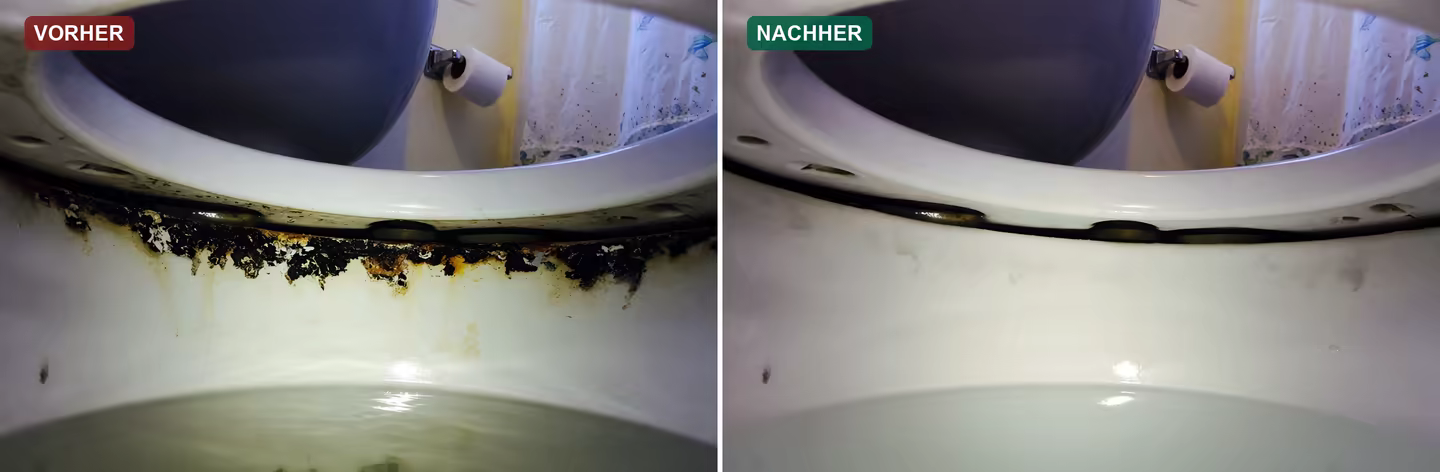 Vorher-Nachher an der Unterseite des Spülrands: links schwarzer Belag, rechts weiße Keramik