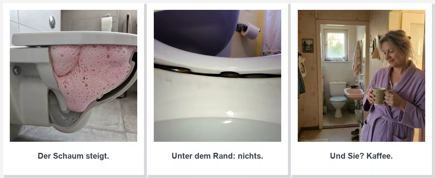 Drei Polaroids: aufsteigender Schaum, saubere Randunterseite, entspannte Frau mit Kaffee