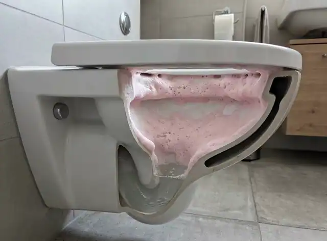 Querschnitt einer Toilette: der Schaum füllt den kompletten Hohlraum unter dem Rand